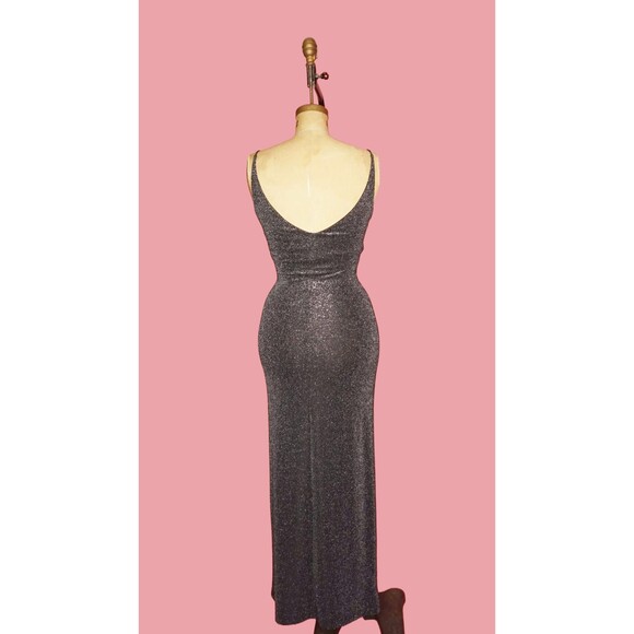 1990s-Y2K Just in Time. Black & Silver Metallic, Glitter Maxi Dress W/Slit. XS-S - Picture 3 of 10